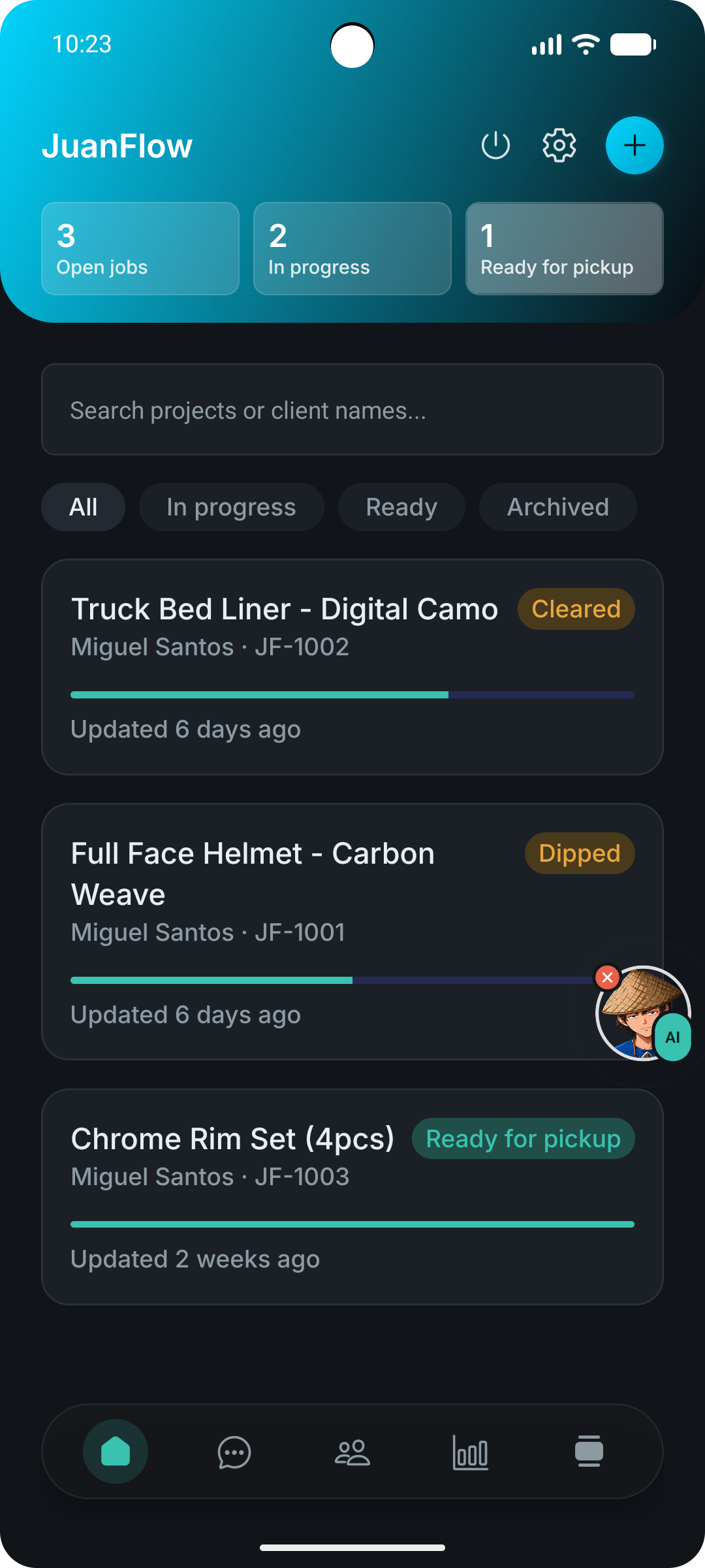 JuanFlow dashboard showing open jobs and shop stats