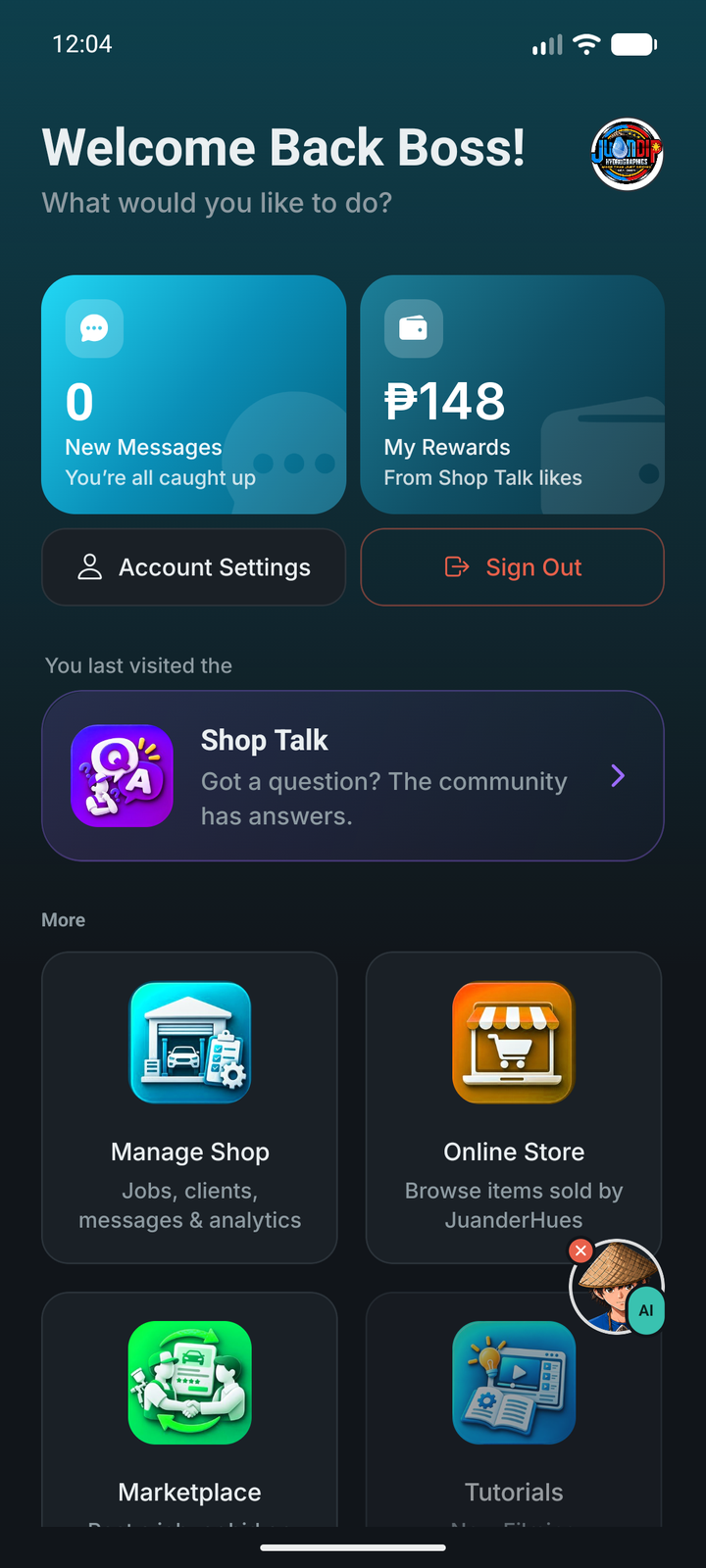 JuanFlow Hub with Messages, My Rewards and section tiles
