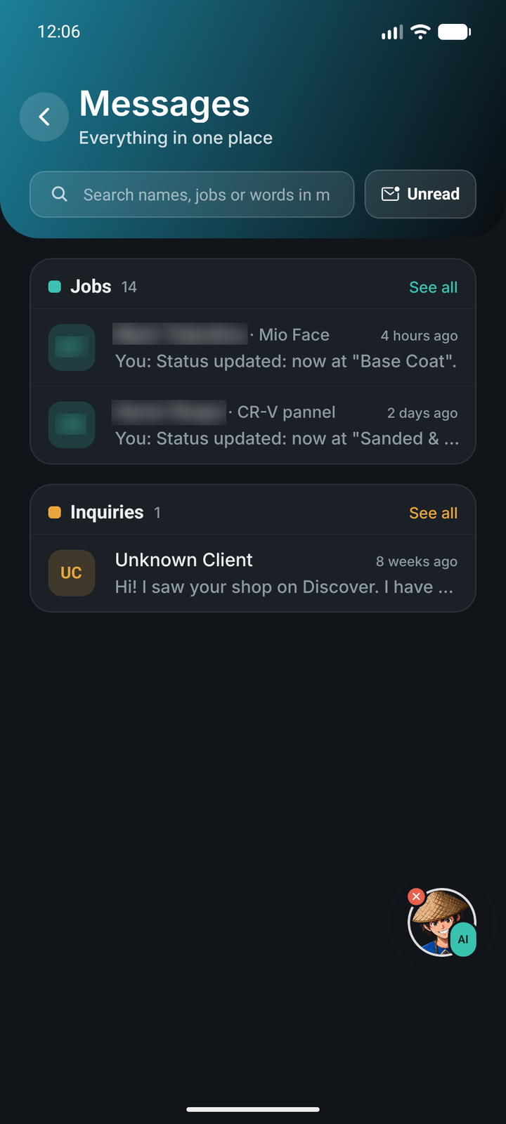 Messages inbox grouped by Jobs and Inquiries
