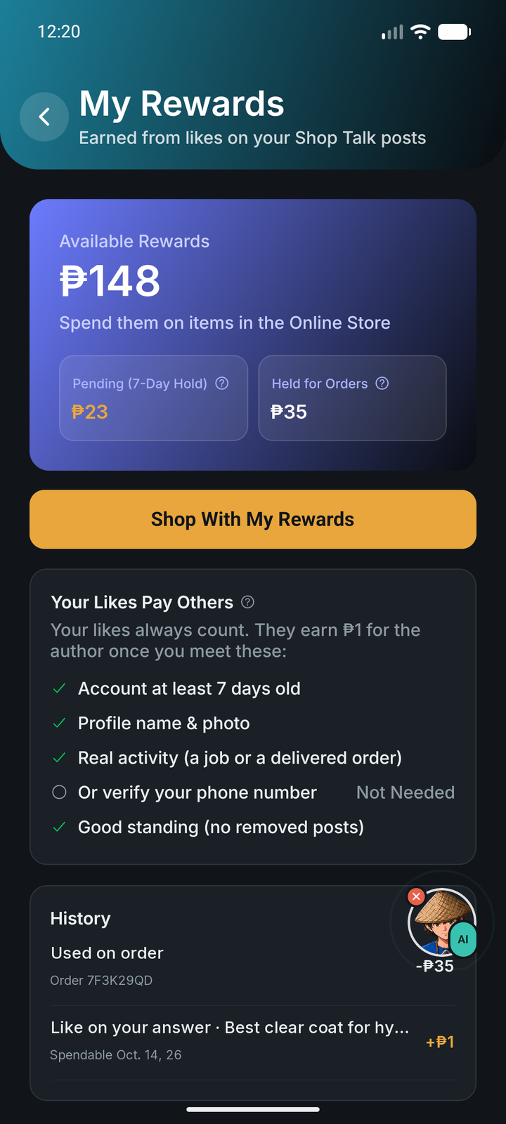 My Rewards screen with balance and history