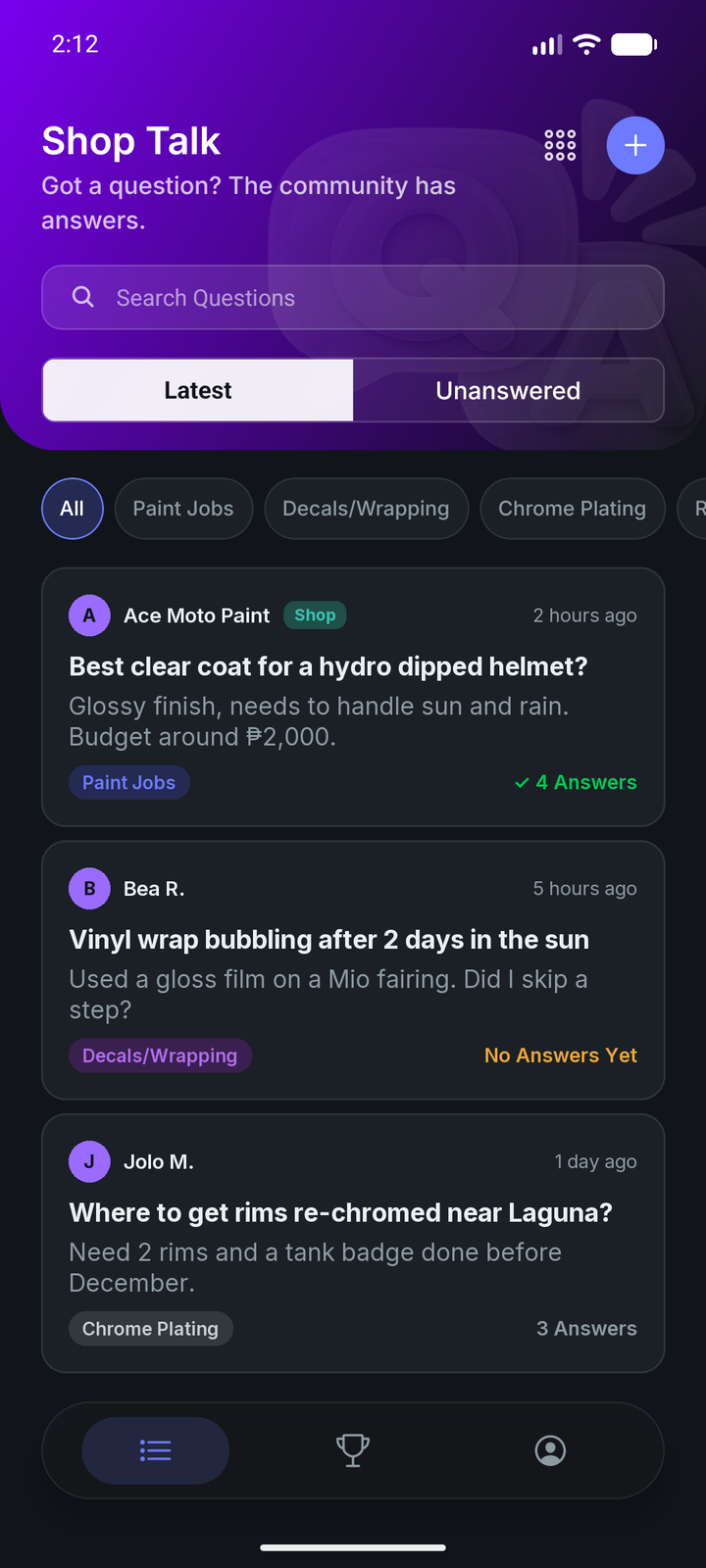Shop Talk feed with community questions, categories and answer counts