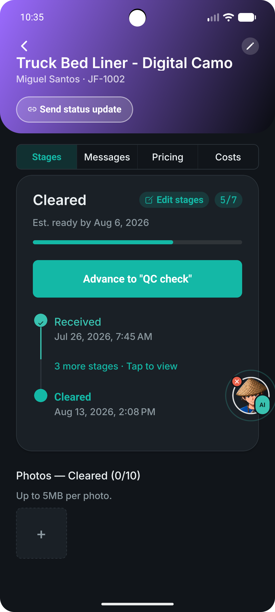 JuanFlow job detail showing stage timeline